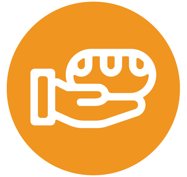 Icon of hand holding loaf of bread, symbolizing direct support to families.
