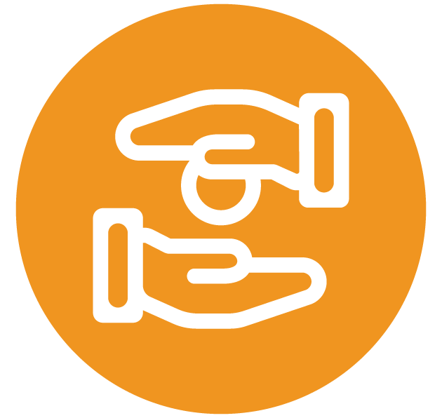 Icon of a hand giving resources directly to another hand, representing direct impact.